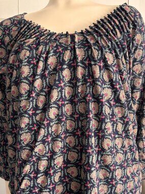 Lucky Brand Women’s Floral Peasant Blouse Size M Navy Boho Cotton Modal